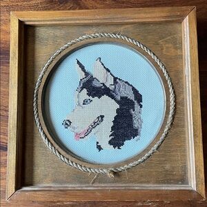 Siberian Husky Dog Completed Cross Stitch Solid Wood Vintage Framed Needlepoint